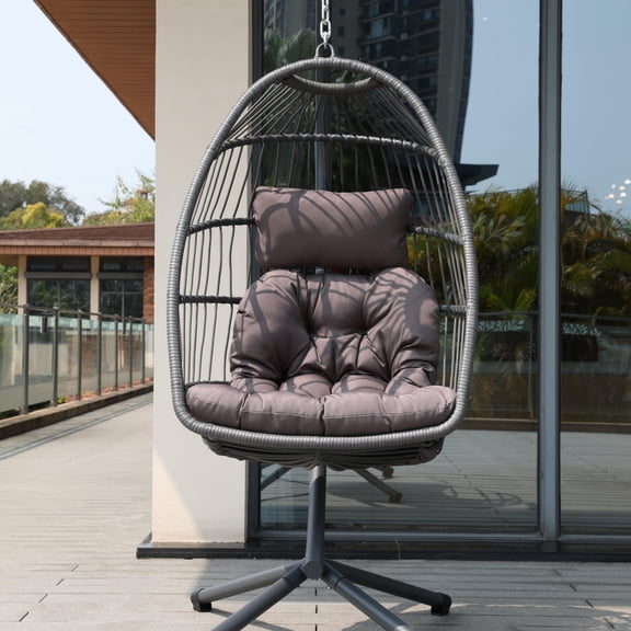 TopComfy Egg Chair with Stand Hanging Wicker Swing Chair with Cup Holder Removable Guardrail Cushioned Basket Seat Indoor Outdoor Lounge Chair for Patio Balcony Garden Bedroom, Gray