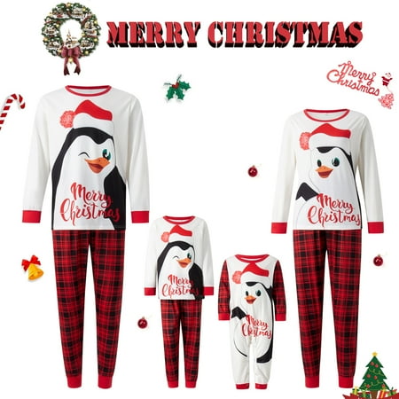 

Christmas Family Matching Pajamas Sets Penguin Print Tops Plaid Pants Xmas Holiday Sleepwear Loungewear Jammies Pjs Outfit