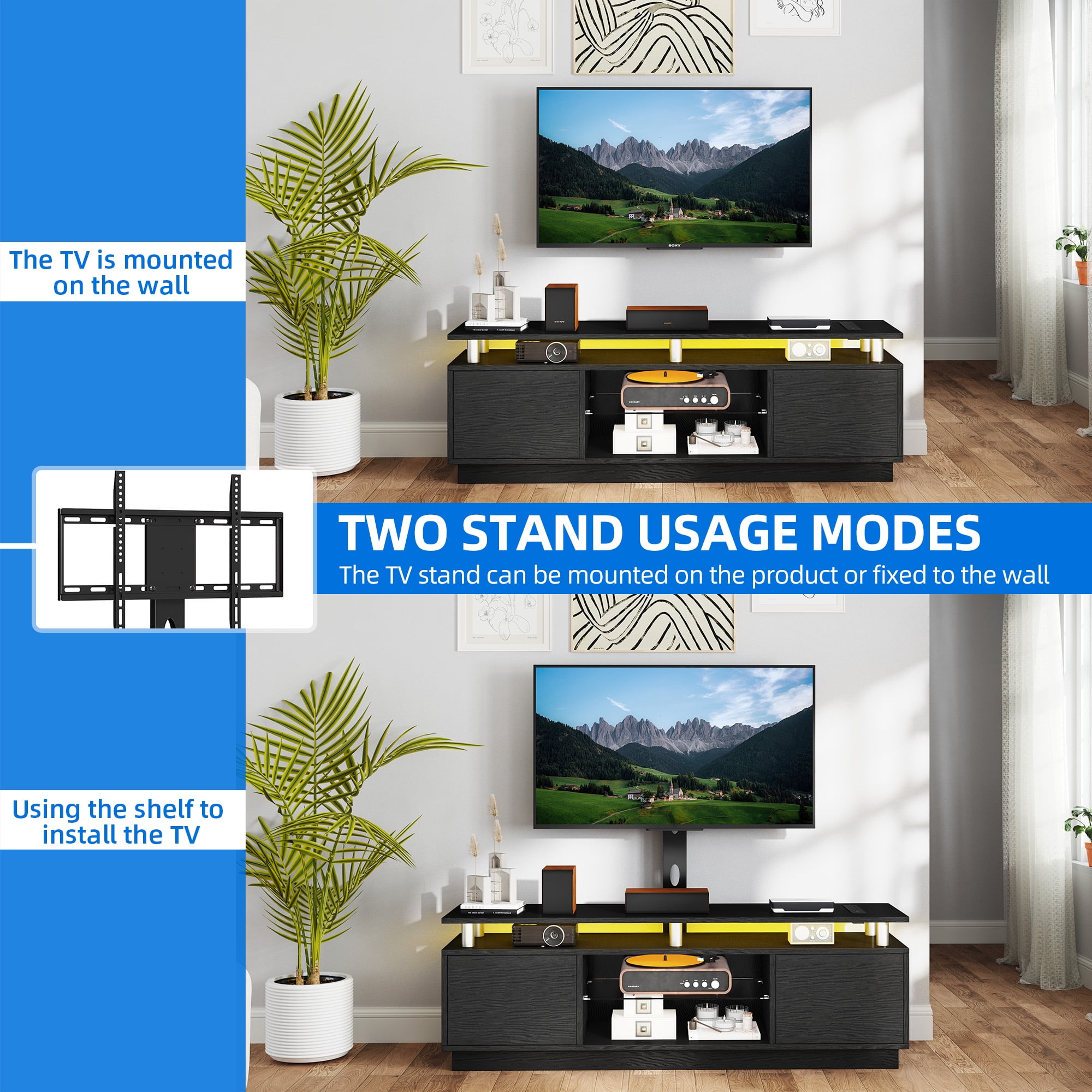 Uforic LED TV Stand with Mount & Power Outlet, Height Adjustable TV Mount for 75/65/60 inch TVs, Black