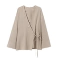 thumbnail image 4 of HH TRAF para mujer, blusa estilo kimono de manga larga con cuello en V y cordones para mujer, nueva blusa holgada informal asimétrica con cinturón liso para mujer, 4 of 5