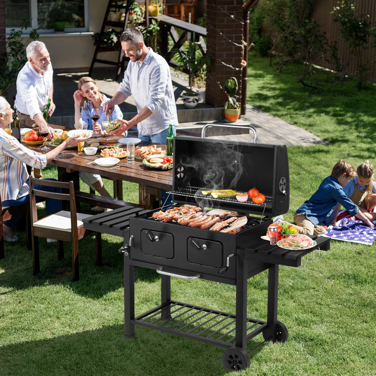 iCapeson Extra Large Charcoal Grill with 794 SQ IN Cooking Area, Dual Adjustable Coal Trays & Foldable Side Tables, Outdoor BBQ Grill for Backyard, Camping, Large Gatherings