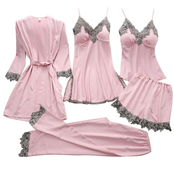 Women's Pajama Sets Long Sleeve Sleepwear Loungewear 5-Piece Garter Set Robes Lace Bodysuit Deep-V Neck Underwear Plus Size Womens Clothing