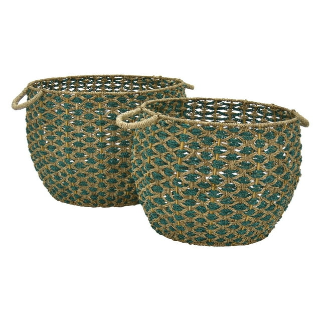 Plutus 2 Piece Modern Water Hyacinth Basket Set in Green