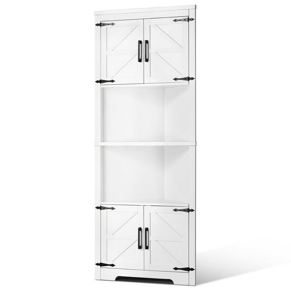 68" Tall White Corner Cabinet with 4 Wooden Doors, Adjustable Shelves & Storage Space for Living Room