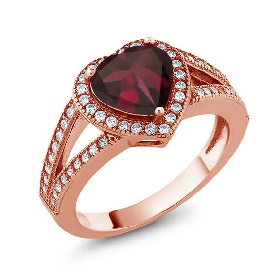 Gem Stone King 18K Rose Gold Plated Silver Ring Heart Shape Rhodolite Garnet and Moissanite (2.29 Cttw) (Size 6)