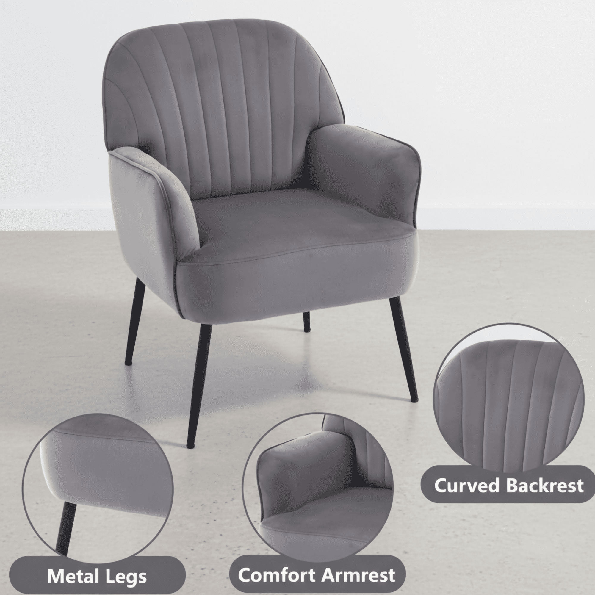 Gewnee Velvet Accent Chair,Upholstered Reading Chair with Wood Frame,Comfy Barrel Chair for Living Room,Waiting Room and Office.Gray