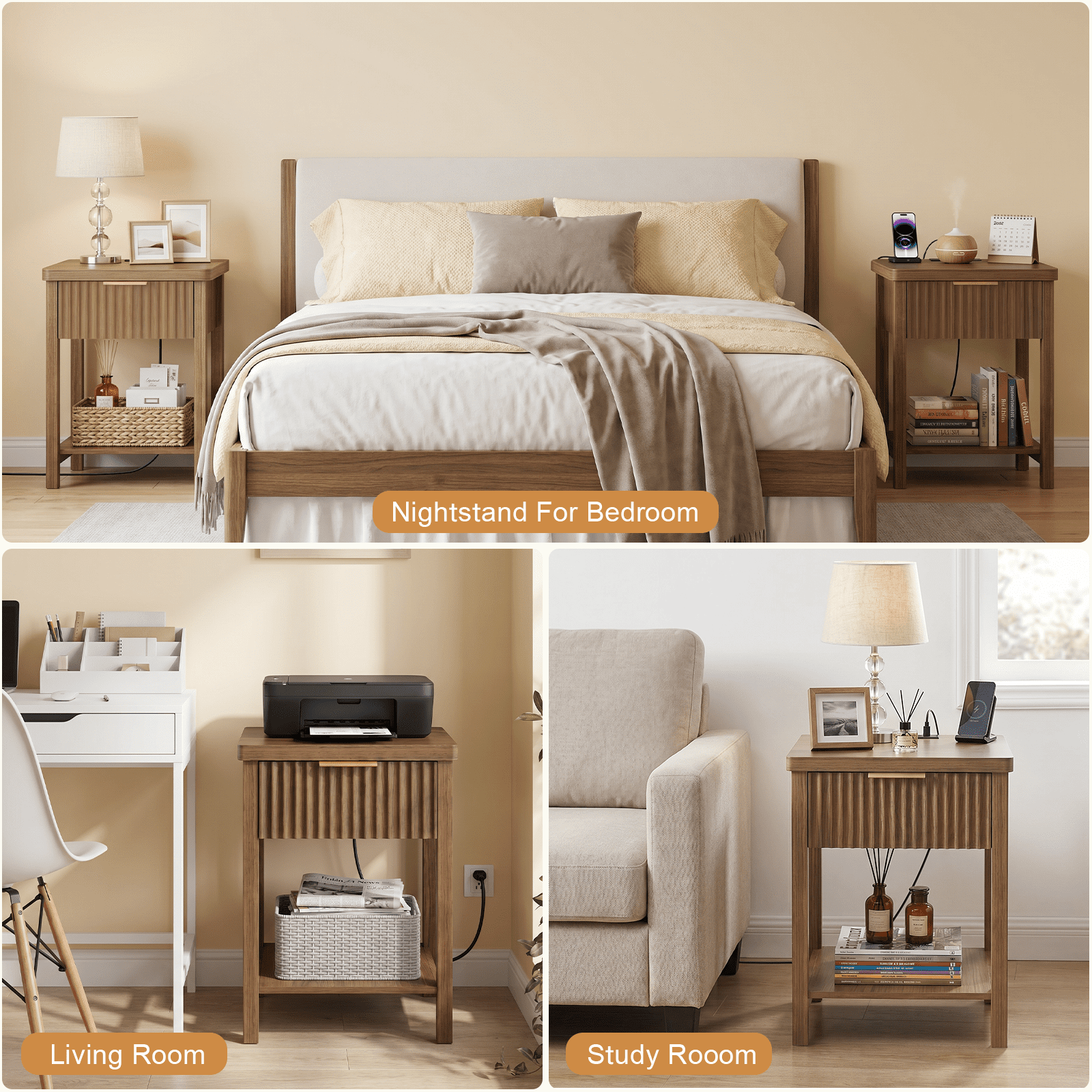 Fluted Wood Nightstand Set of 2, Walnut Bedside Table with Built-in Charging Station (2 AC, USB, Type-C), Storage Drawer & Open Shelf, Modern Side Table for Bedroom Living Room