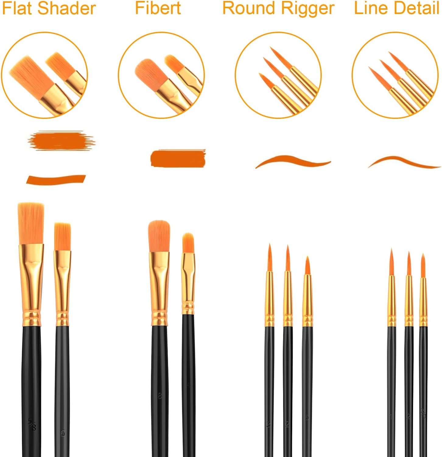 JJEAN-Acrylic Paint Brushes, 6 Packs / 60 pcs Nylon Hair Paint Brush Set for All Purpose Oil Watercolor Painting Artist Professional Kits (Black)