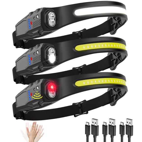 Linterna frontal KYEKIO recargable, paquete de 3, LED de 230°, 7 modos