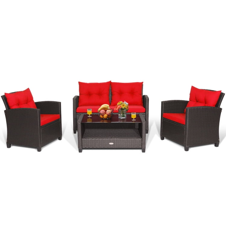 Aimee Lii 4 Pieces Wicker Patio Furniture Set with Tempered Glass Coffee Table, Wicker Outdoor Sectional, Red Aimee Lii 4 Pieces Wicker Patio Furniture Set with Tempered Glass Coffee Table, Wicker Outdoor Sectional, Red