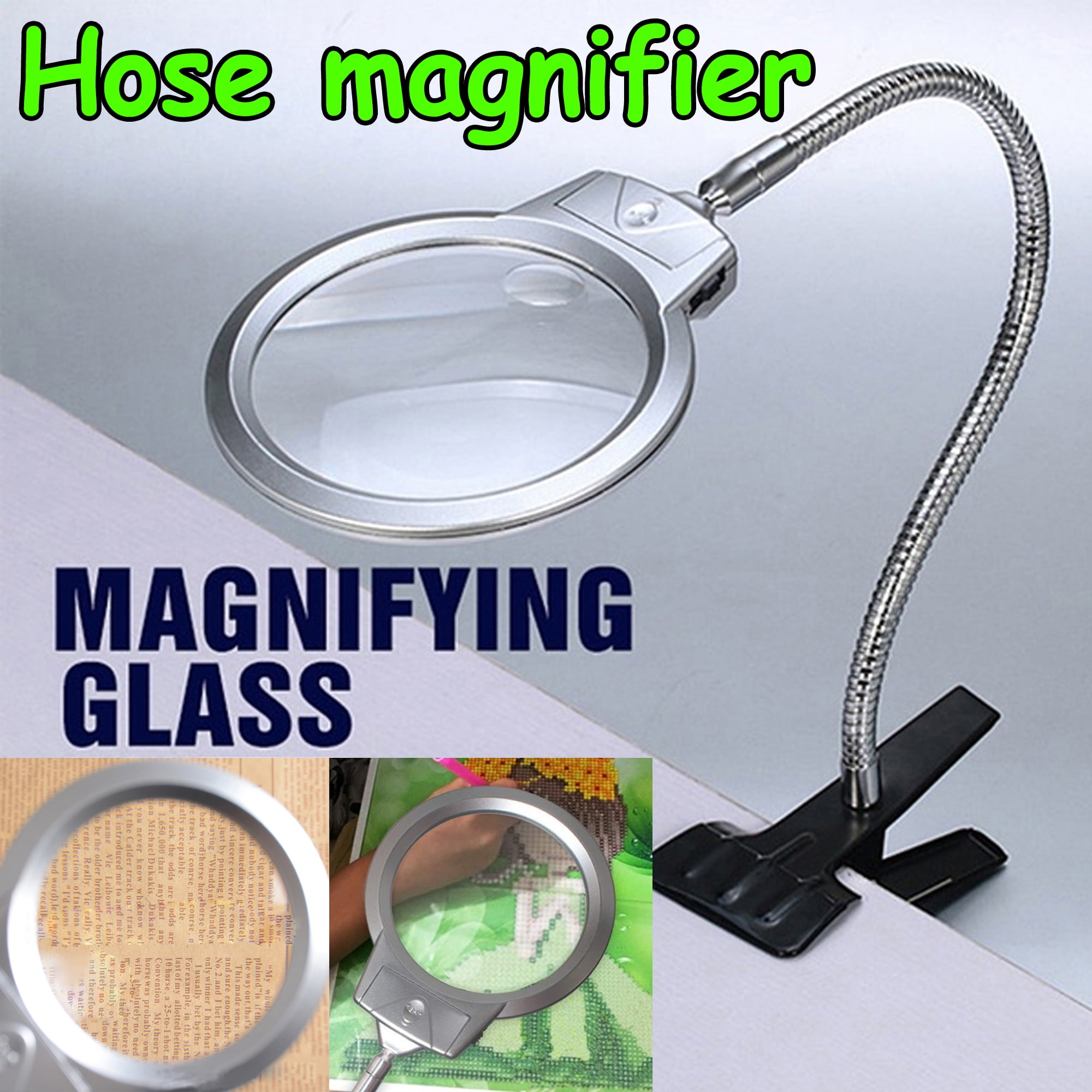 FALEXO Magnifier With Light, 2 LED Clip on Desktop Illuminated Magnifier Magnifying Glass Reading Loupe Metal Hose LED Lighted Lamp Magnifier