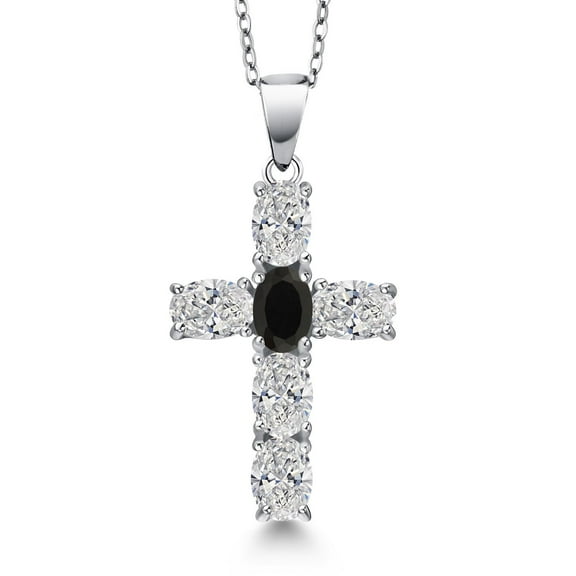 Gem Stone King 925 Sterling Silver Lab Grown Diamond and Black Onyx Cross Pendant Necklace for Women | 2.40 Cttw | Gemstone April Birthstone | Oval 6X4MM | With 18 inch Chain