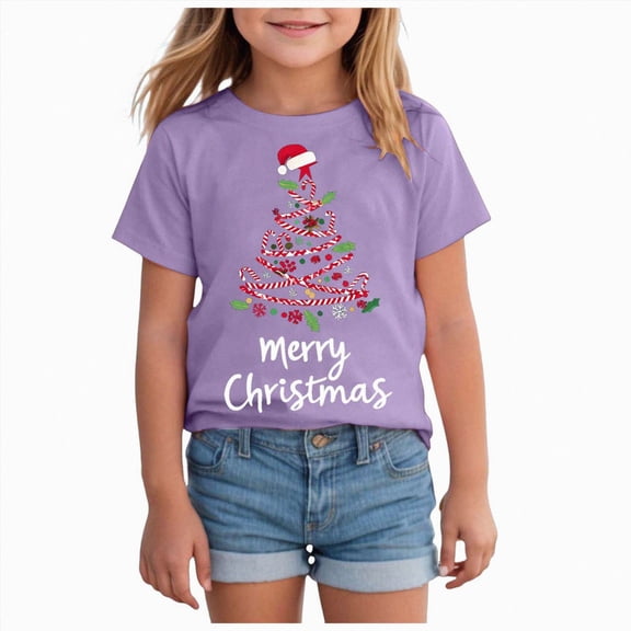 sdbrld Girls Christmas Shirts for Kids Cute Graphic Short Sleeve Holiday Tee Tops Purple Sizes 7-8 Years