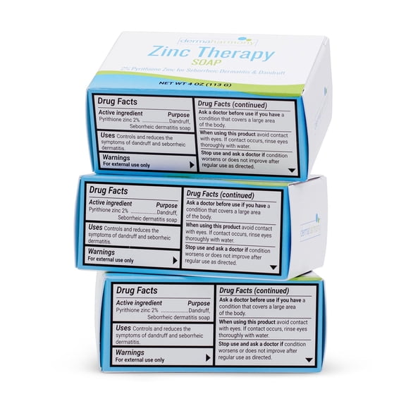 DermaHarmony 2% Pyrithione Zinc (ZnP) Bar Soap - 4 oz (3 Bars) for Seborrheic Dermatitis and Dandruff