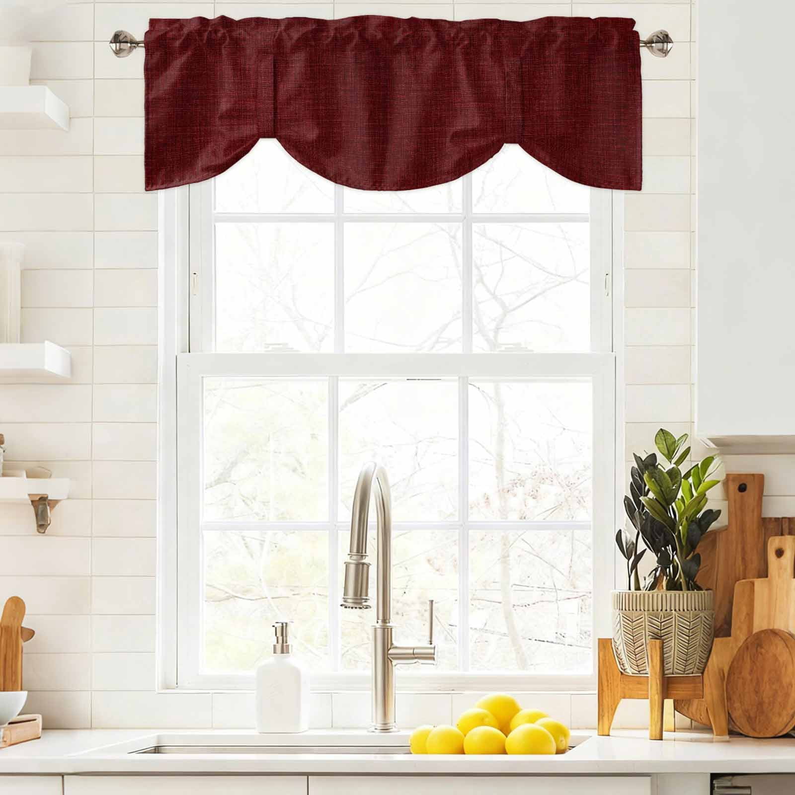 Tie Up Valances for Windows, Vintage Dark Red Adjustable Valance Curtains Window Treatment for Living Room, Farmhouse Retro Solid Color Linen Texture Rod Pocket Kitchen Curtains & Drapes 42x12 Inch