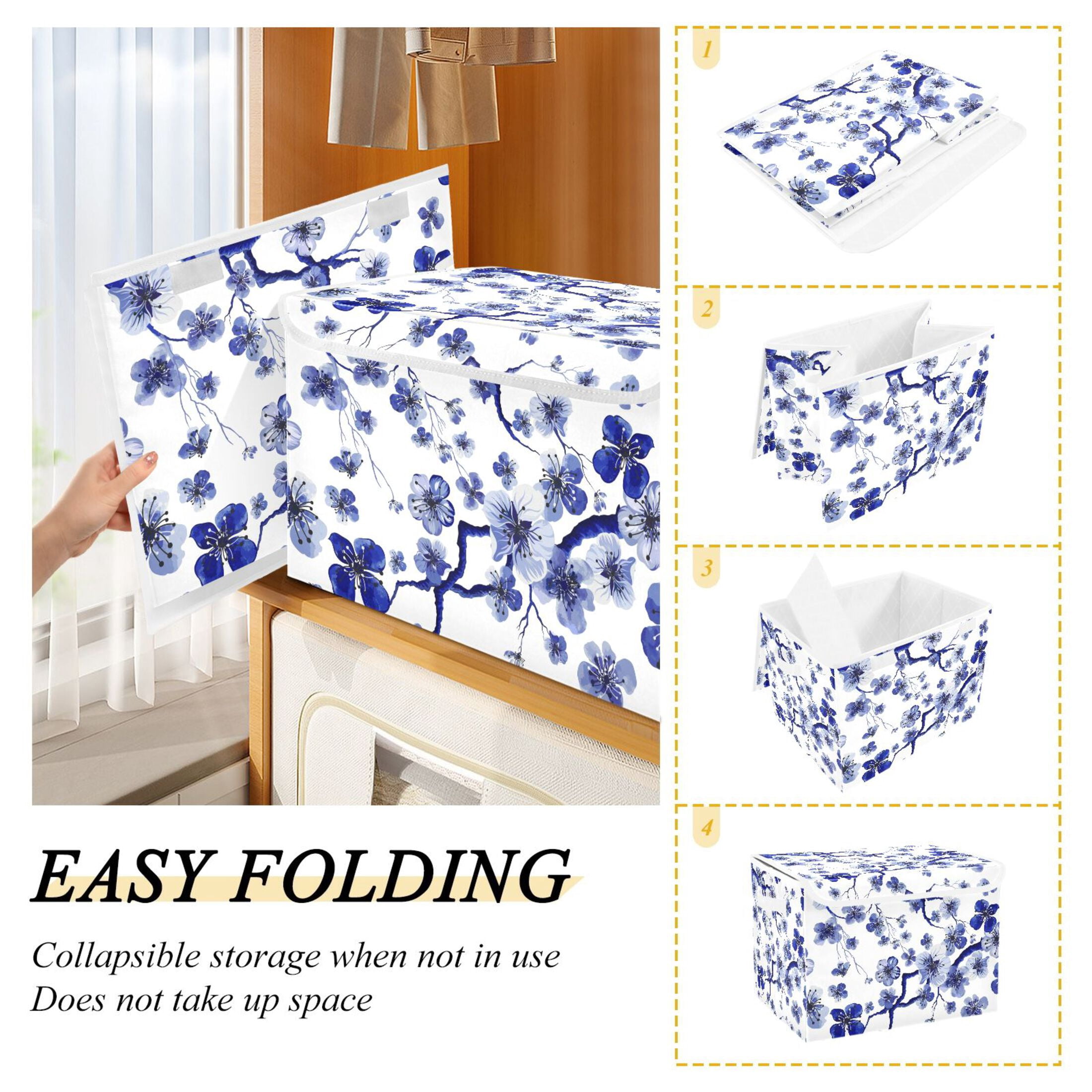 Flowes Floral Blue Large Lidded Storage Bin Foldable Storage Boxes Cubes Baskets Lids with 2 Handles for Home Bedroom Office 16.5x12.6x11.8inch
