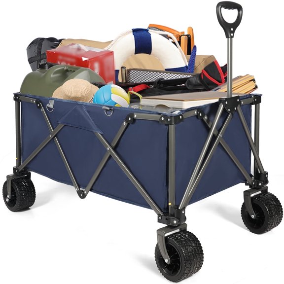REDCAMP Extra Large Collapsible Wagon with Big Wheels, 226L Heavy Duty Folding Beach Wagon Large Utility Wagon Cart for Camping Outdoor Shopping, Blue