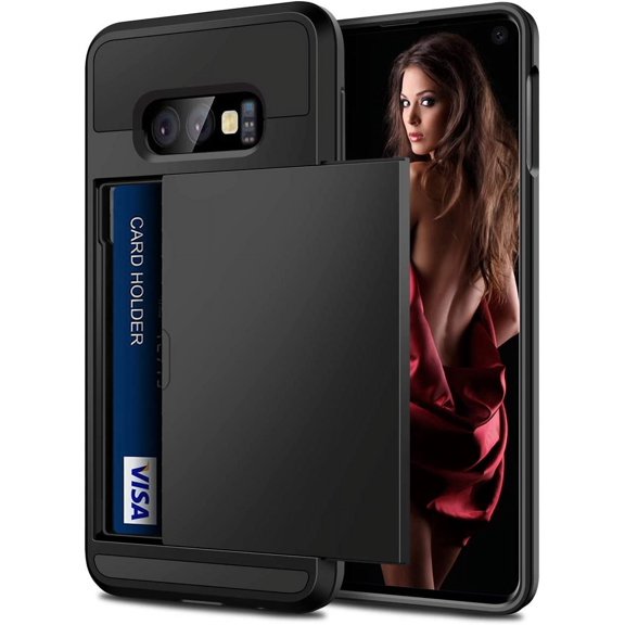 Cover for Galaxy S10e Case Wallet Card Holder ID Slot Sliding Door Hidden Pocket Anti-Scratch Dual Layer Protective Hard Shell Rugged TPU Bumper Armor Case for Samsung Galaxy S10 E (Black)