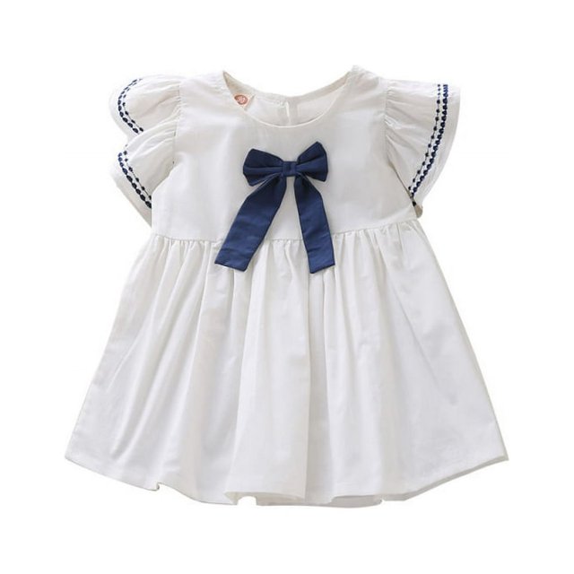 POINTERTECK Robe d'Été Décontractée Mode Bébé Blanc Bleu Manches Courtes Nœud Princesse Douce Robe de Fête Vêtements pour Enfants
