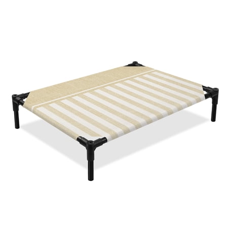 Vertical Stripes Elevated Dog Bed Rustic Minimalist Cream Lines Linen Texture Cooling Breathable Outdoor Raised Dog Cot Bed with Metal Frame Non-Slip Feet for Medium Dog 24x20in