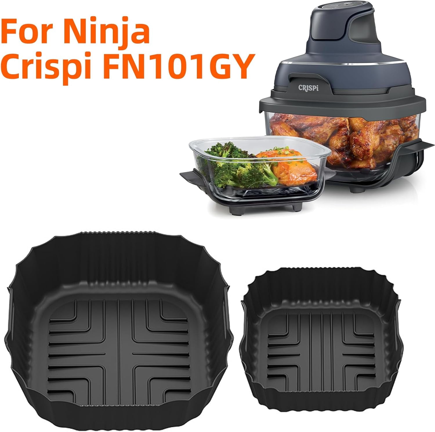 JJEAN-2-Pack Silicone Air Fryer Liners for Ninja Crispi FN101GY/FN101SG/FN101ST - 4QT & 6-Cup Reusable Non-Stick Basket Covers - BPA-Free, Dishwasher Safe - Fits Air Fryer, Oven, Microwave [Black]