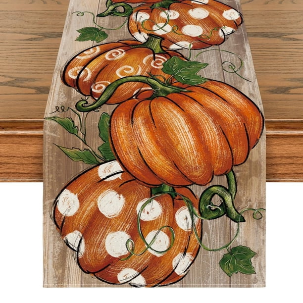 Camino de mesa de otoño con calabazas naranjas y eucalipto, decoración para mesa de comedor de cocina de Acción de Gracias otoñal para decoración de fiesta en el hogar, 13 x 72 pulgadas