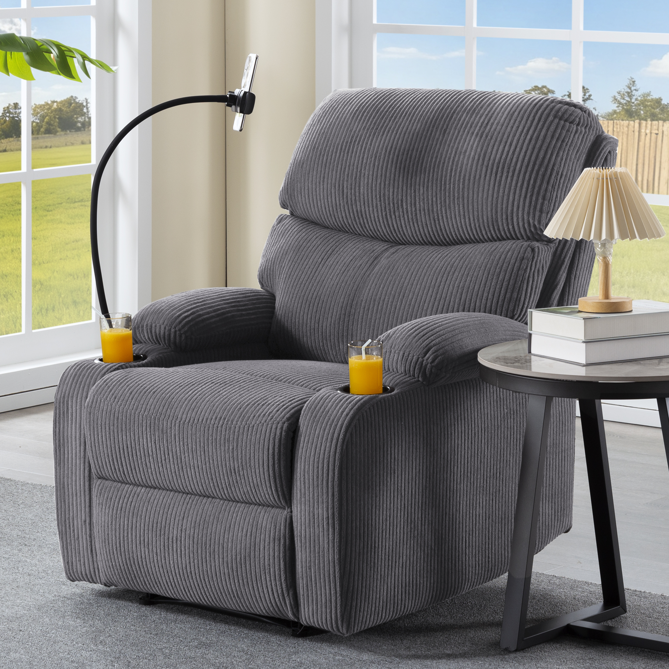 BSHTI Manual Recliner Chair with Phone Holder & Cup Holders, Corduroy Upholstery, Ergonomic Backrest, Solid Wood Frame for Living Room & Bedroom(Light Gray)