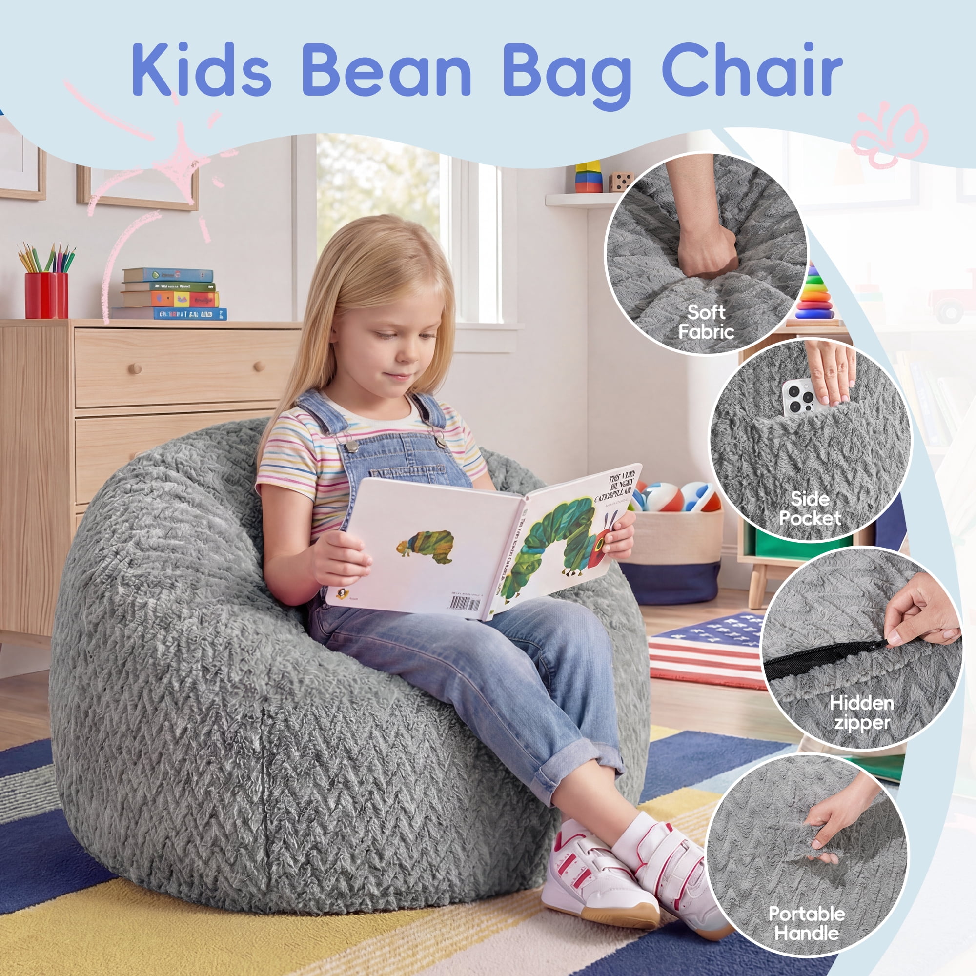 Fulsmile 2.5Ft Bean Bag Chair for Kids with Memory Foam Filling, Kid Cozy Plush Chair with Detachable Soft Cover for Bedroom Living Room Play Room, Chevron Gray