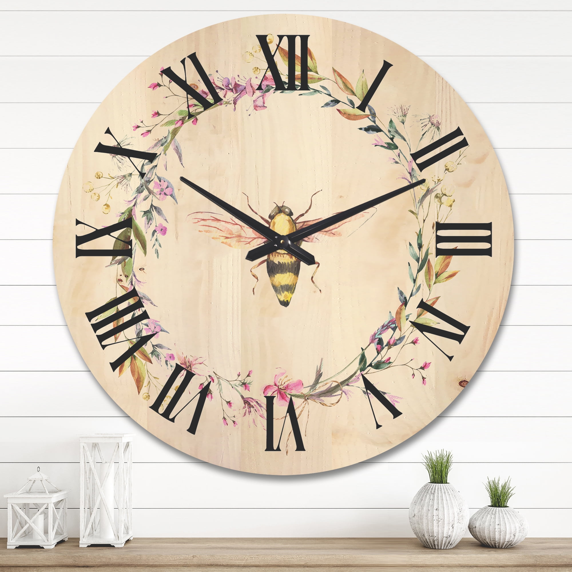 Designart 'Wildflowers Wreath and A Bee' Farmhouse Wood Wall Clock
