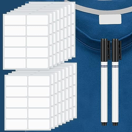 Tekola 300 Pcs Clothing Labels for Nursing Homes No Iron Fabric Labels with 2 Pcs Permanent Fabric Markers Washable Name Laundry Stickers for Camp Laundry Shop(Rectangle,1.2 x 0.6 Inch)