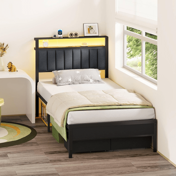 Open Box Furnulem HK-BF-009-CL Bed Frame with Charging Station LED Lights Upholstered Headboard 2-Tier Storage Shelve, Black