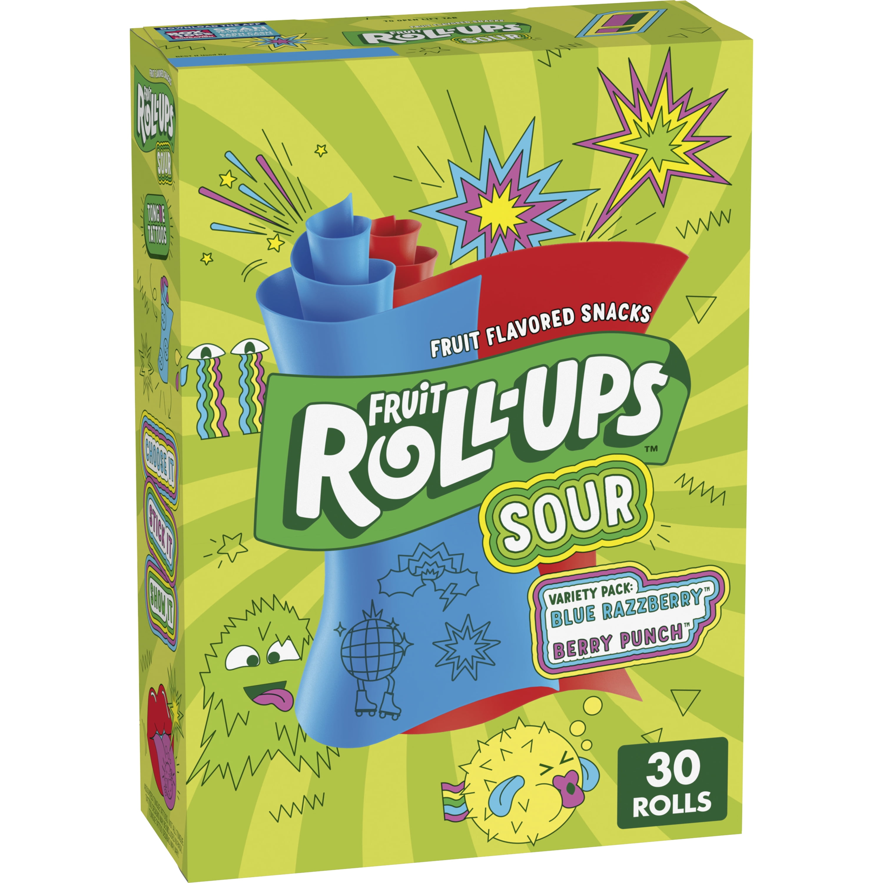 (2 pack) Fruit Roll-Ups Sour Fruit Flavored Snacks, Variety Pack, 15 oz (30  Count)