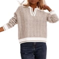 thumbnail image 5 of Long Sleeve Womens Fall Sweaters Tops Lapel V Neck Knit Sweater Color Block Casual Soft Pullover Jumper, 5 of 7
