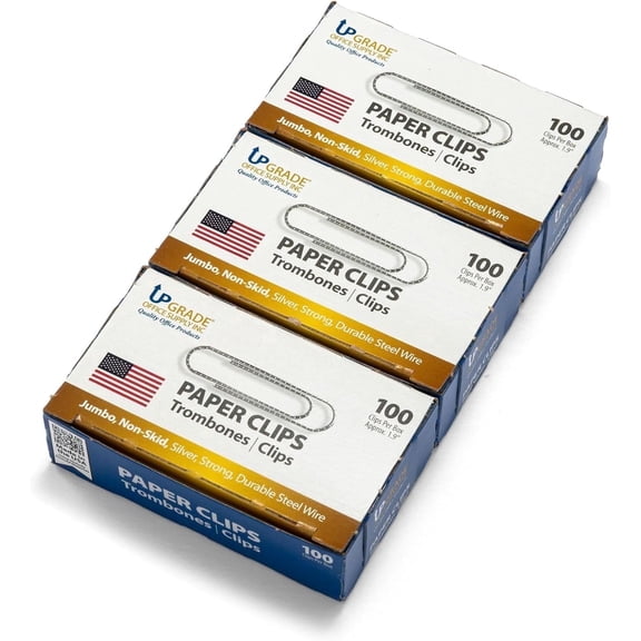 Upgrade Jumbo Office Paper Clips, Non-Skid, 1.9 Inch, 3 Boxes of 100 (300 Count), Silver, Made in USA