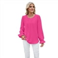 thumbnail image 2 of Blusa de Larga Abullonada para Mujer, Elegante, Informal, con Cuello Redondo, de , Holgada y Plisada. Rosa Roja XL, 2 of 9