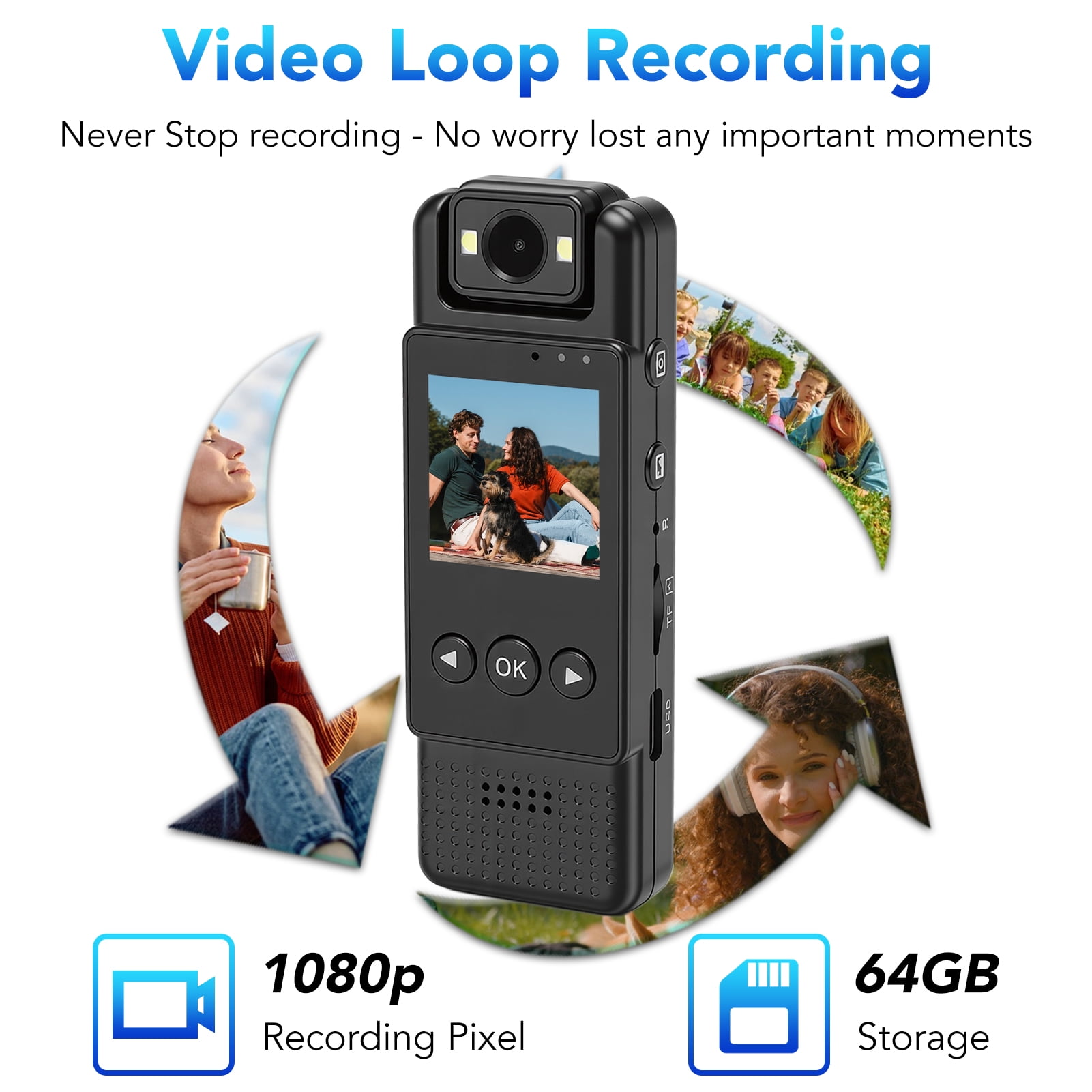 Mini Body Camera with Audio & Video Recording, Small POV Cam 1080P, Wearable Personal Portable Cameras Recorder DV w/ 64GB Card, 180° Ratatable Lens Clip Camcorder for Delivery Work Records Traveling