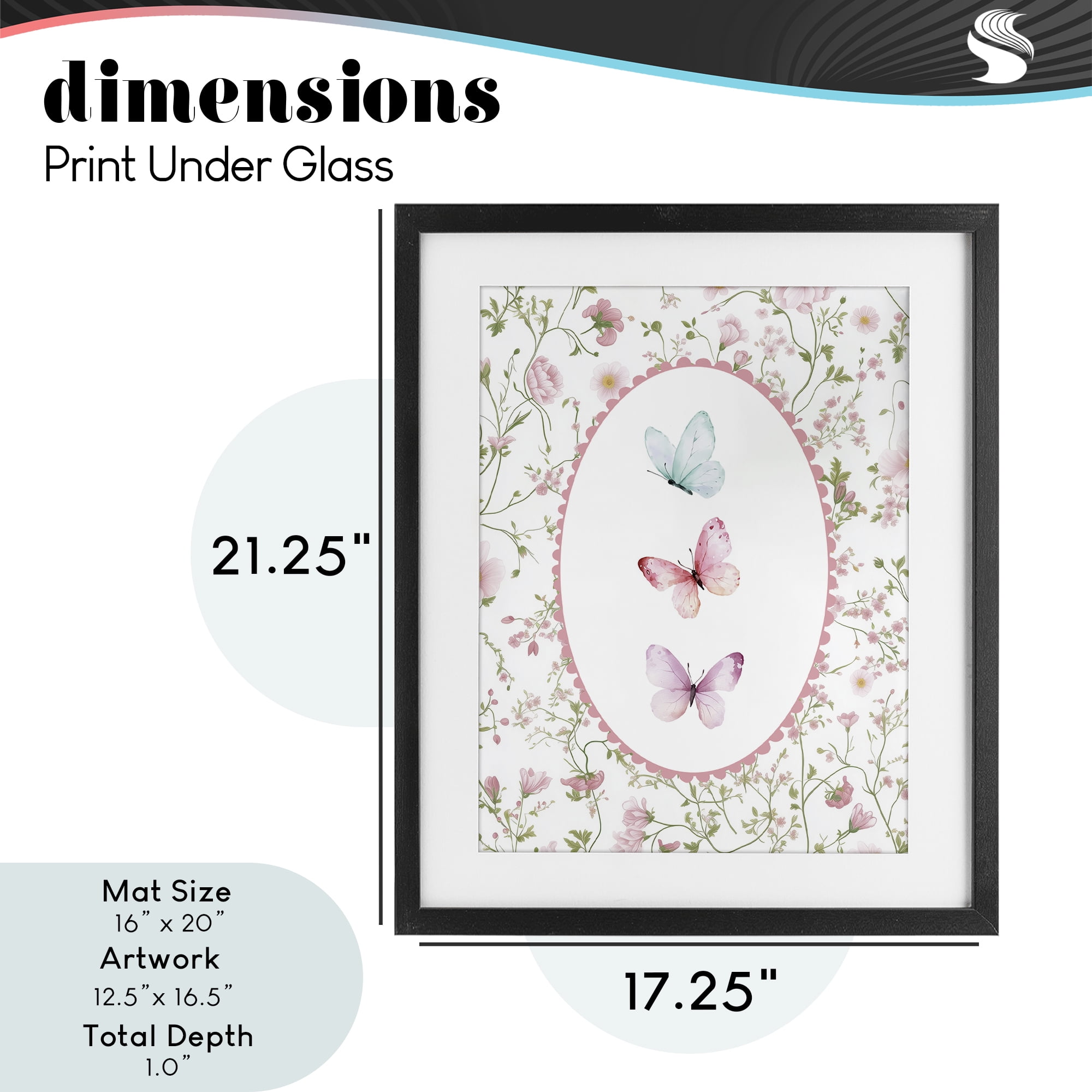 Delicate Florals & Butterfly Black Framed Print Under Glass, design by Christine Simpson Art
