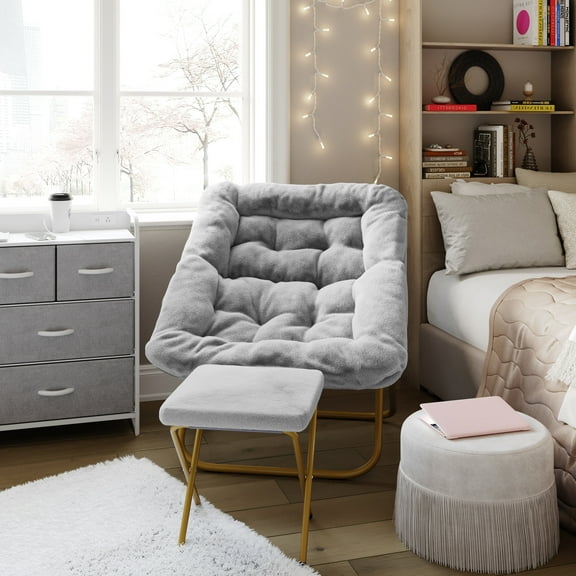 Emma   Oliver Oversized Faux Fur Folding Saucer Chair with Ottoman for Dorm, Bedroom, Gray Faux Fur/Soft Gold Frame