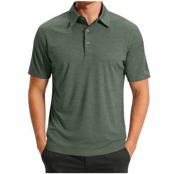 VSSSJ Golf Shirts for Men Quick Dry Moisture Wicking Casual Short Sleeve Shirt Waffle Collared Button Loose Breathable Summer Shirts Army Green S