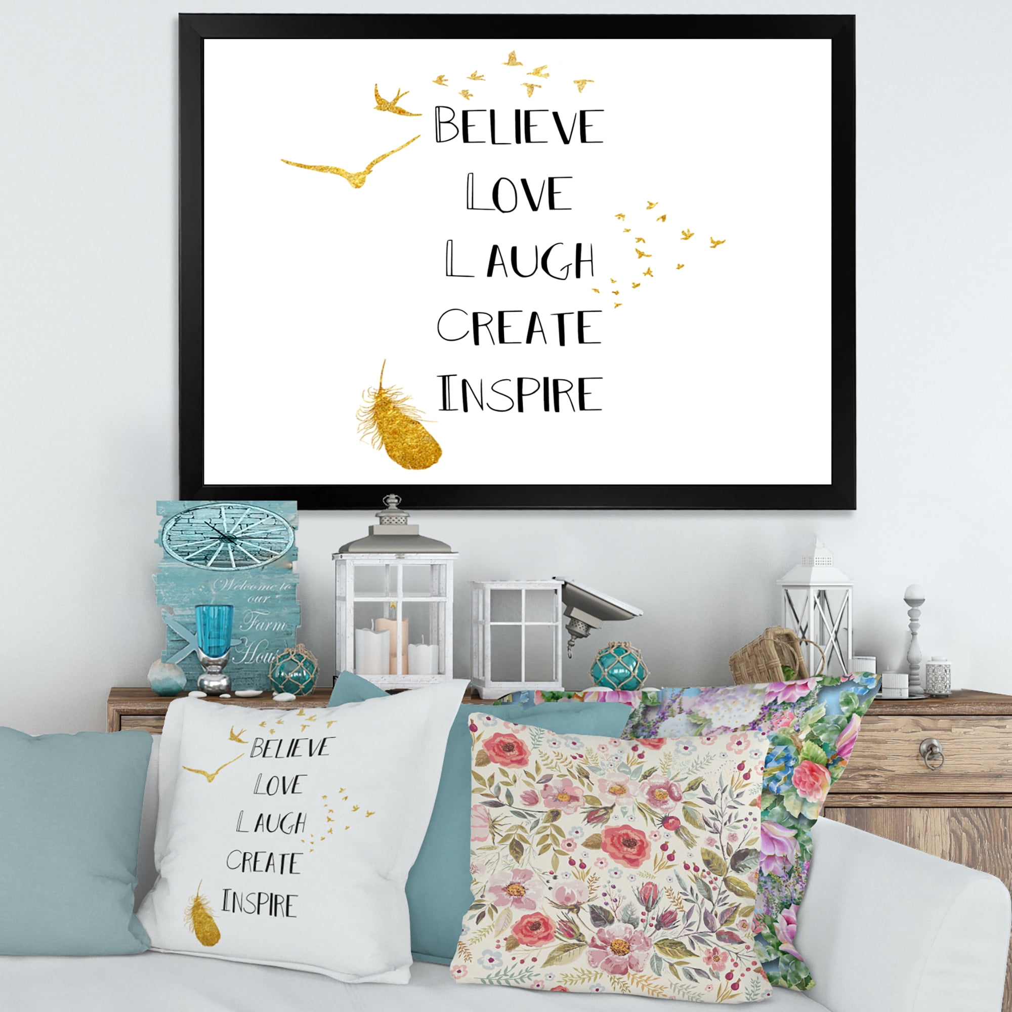 Designart 'Inspirational Quote On Gold and White' Traditional Framed Art Print