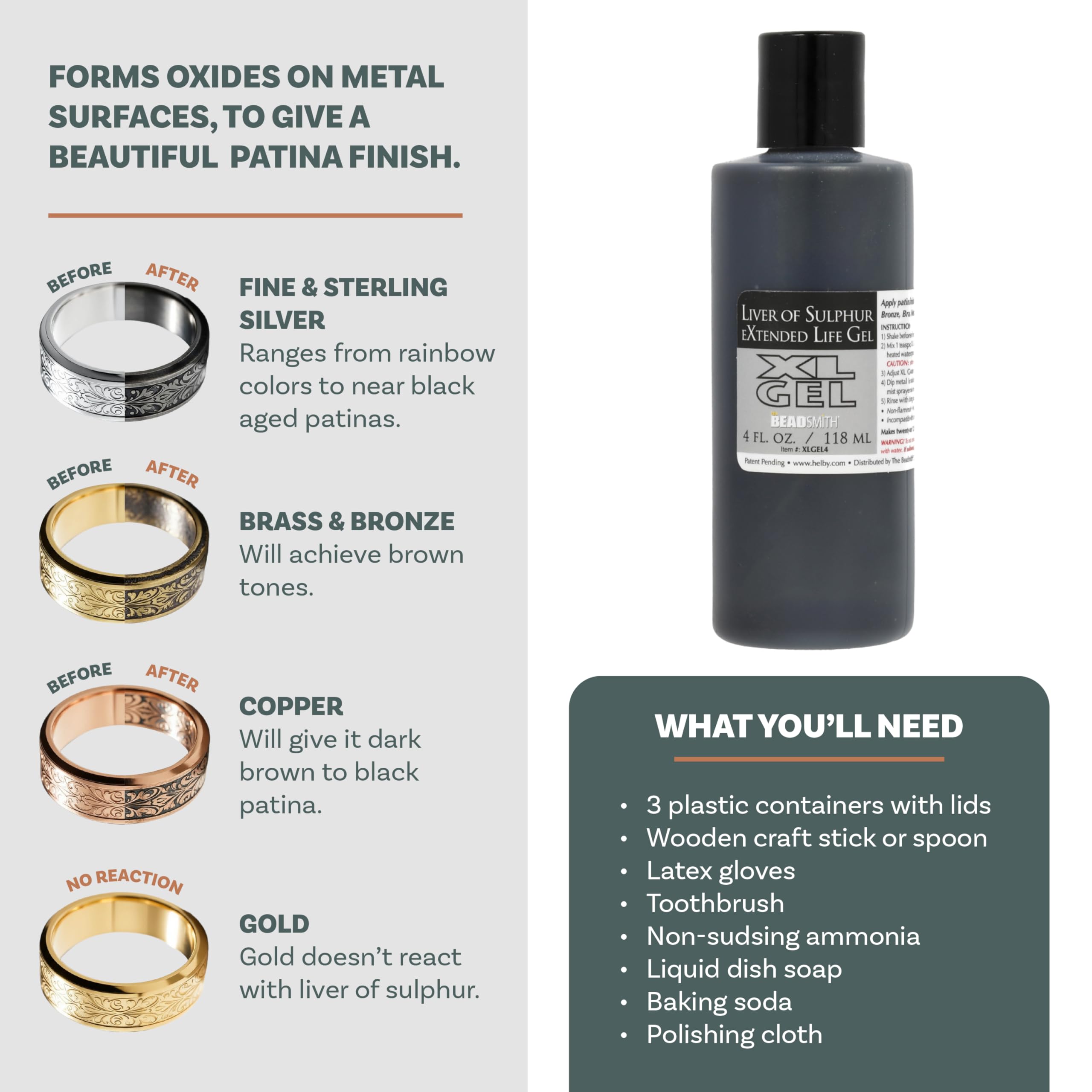 The Beadsmith XL Gel Liver of Sulfur Extended Life Gel 4 Fluid Ounces (118ml) Bottle Apply a Patina Finish to Silver Copper and Other Metal for Oxidized Look on Art and Jewelry Projects
