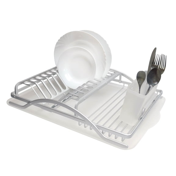Real Home Deluxe Aluminum Dish Rack with Drain Board, Rust-Resistant, Silver