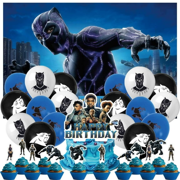 32 Pcs For Black Panther Theme Birthday Party Supplies Party Favor Set,With 13 Cupcake Toppers,5*3ft Birthday Backdrop Decorations,18 Balloons,All-in-One Party Supply Set