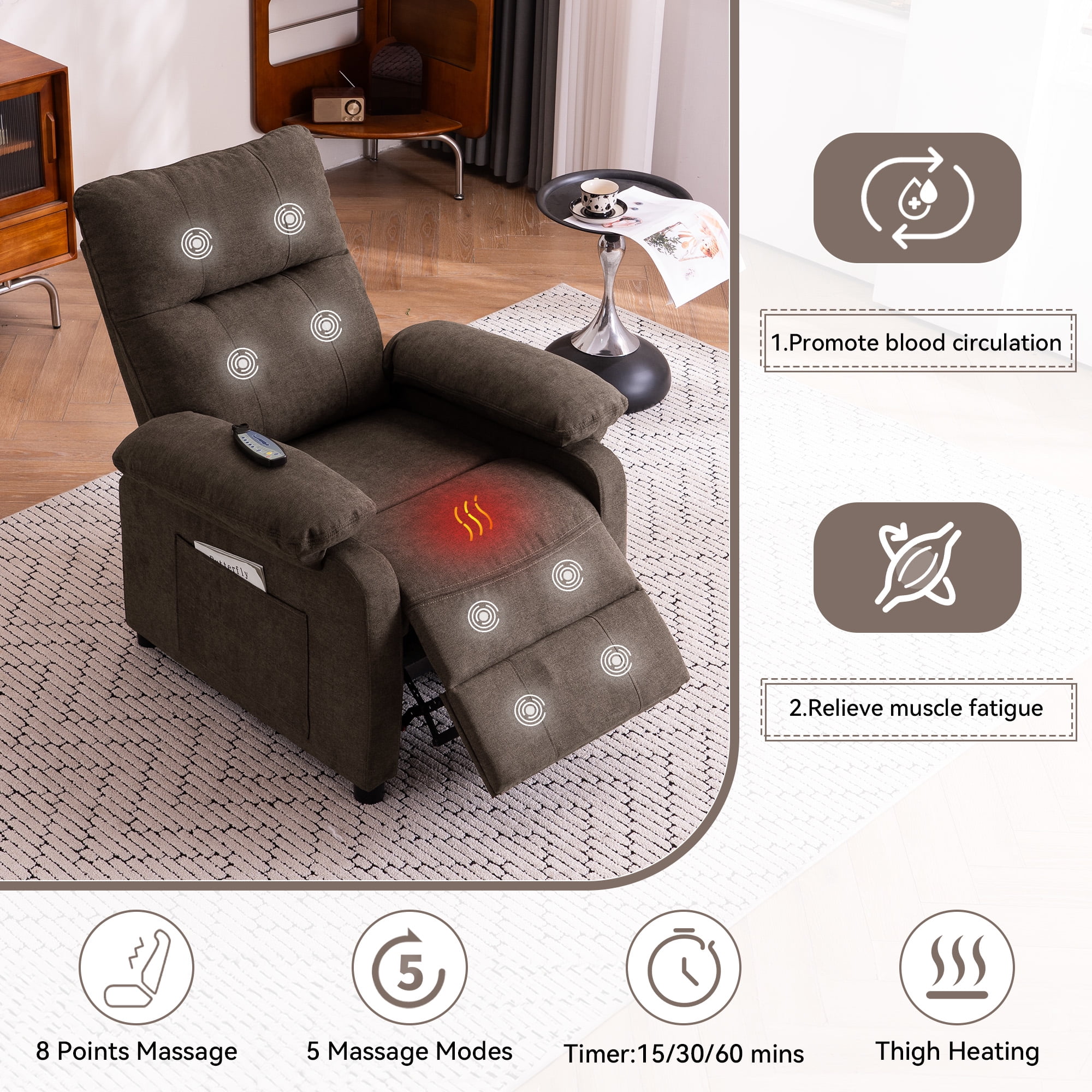 NEW Recliner Chair: Manual Push Back Reclining Chair with 8-Point Massage & Heating, Plush Chenille Fabric & Remote Control, Side Storage Pockets for Living Room, Bedroom, Brown