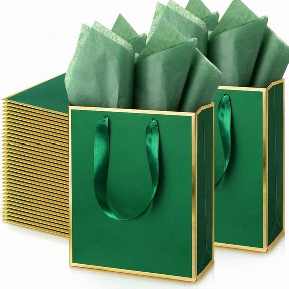 50 Pack Metallic Gift Bags with Handle and Tissue Paper Gold Foil Thank You Bag for Thanksgiving Day Christmas Wedding 5 Senses Gifts Holiday Party Favors 9x7x3.15'' Green Gold