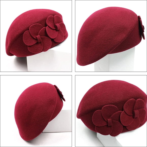 UPOUART Wool Beret Hat Winter Warm Beret Hat Floral French Style Beanie Hats With Flower For Women Girls (Red)