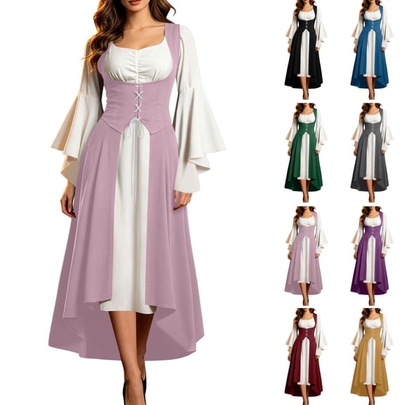 JOANKDMI Gothic Medieval Renaissance Costume Women Vintage Bell Sleeve Corset Dress for Haunting Role Play Chic Halloween Outfit Fairytale Maiden Apparel