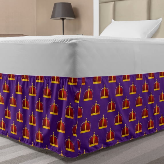 Crown Bed Skirt, Head Accessories Important King Style Precious Outfit Element Print, Elastic Bedskirt Dust Ruffle Wrap Around for Bedding Decor, 4 Sizes, Quartz Ruby and Earth Yellow, by Ambesonne