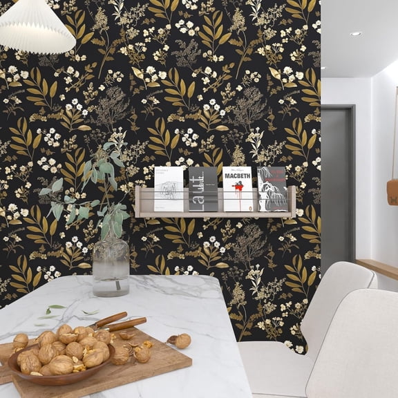 Vintage Wallpaper Peel and Stick Black Floral Wallpaper 17.5'' x 393'' Gold Leaf Contact Paper Vinyl Waterproof Self Adhesive Boho Botanical Wall Paper for Bedroom Shlef Cabinet Décor
