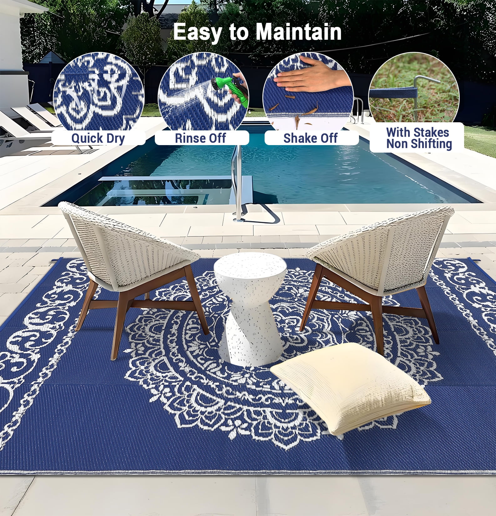 Gavee 9'x12' Boho Outdoor Rug, Waterproof Reversible Patio Area Rug Indoor Outdoor Carpet, Plastic Straw Rug RV Outdoor Mat for Camping Deck Balcony, Porch, Picnic, Dark Blue and White
